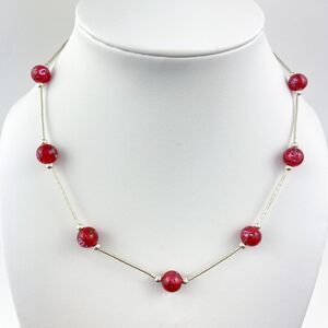 NWOT Sterling Silver 925 Red Floral Design Glass Bead Station Necklace 16"